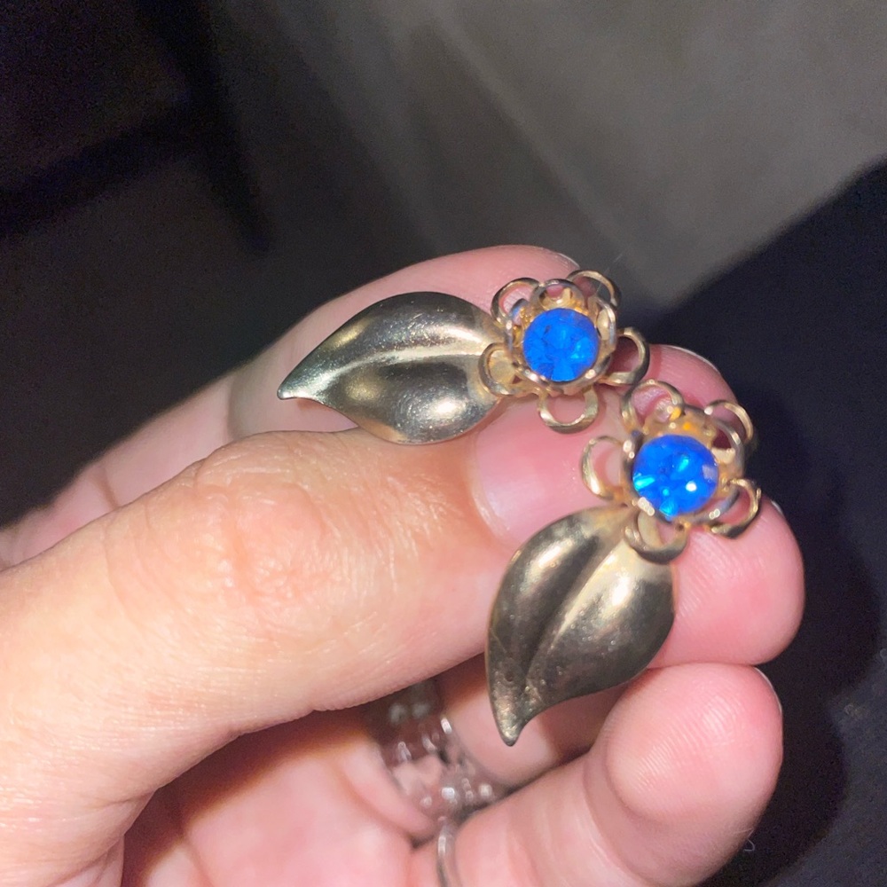 Vintage Gold and Blue Floral screw back Earrings